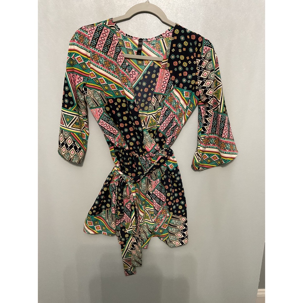 Chico Womens Boho Patchwork Wrap Dress Kimono Sleeve Belted - Picture 5 of 6